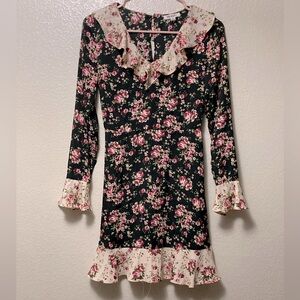 One Heart Black Romantic Boho Floral Cream Flutter Sleeve Ruffle Dress!